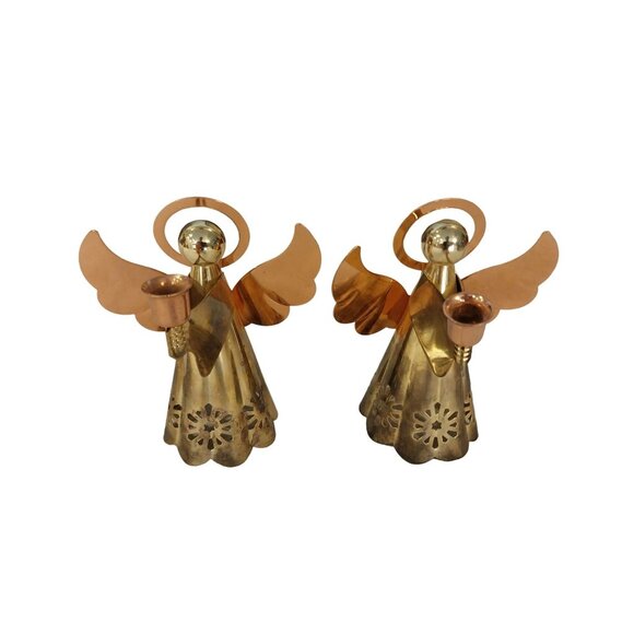 Vintage Christmas Set of 2 Brass And Copper Angel Candle Holders - Picture 2 of 6